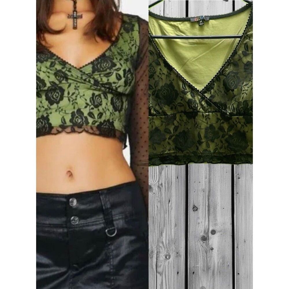 dELiA*s Olive Green Lace Cropped V-Neck Top M